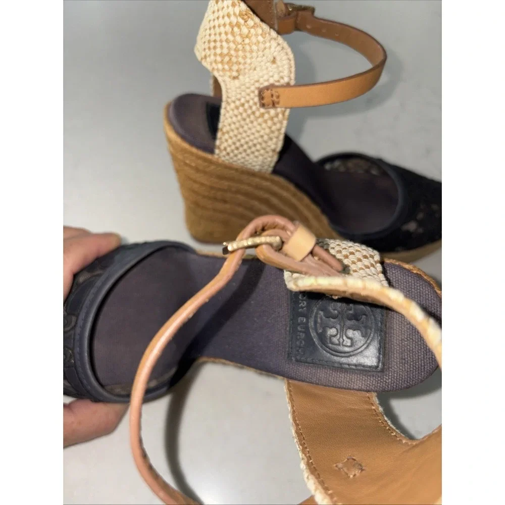 Tory Burch Lucia Espadrilles Sandals Platform Navy floral lace Jute Leather 6.5